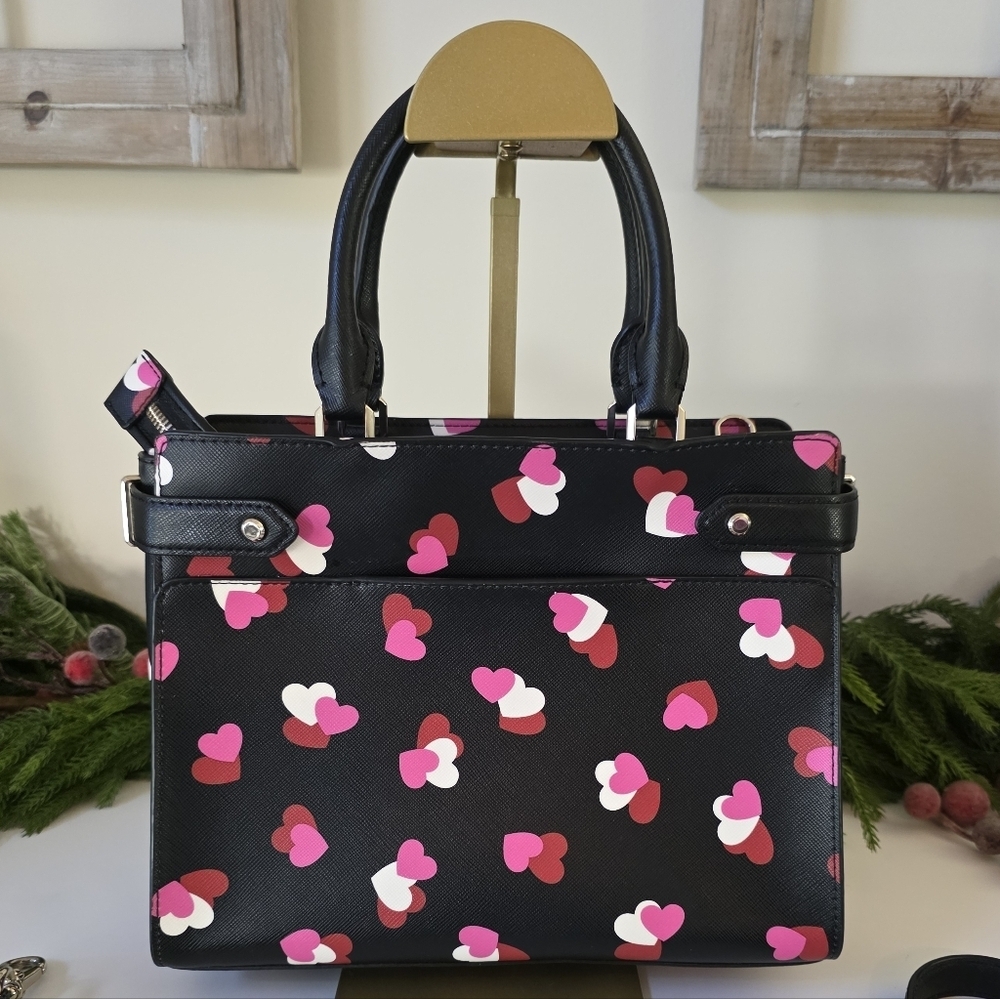 Kate Spade Medium Staci Flutter Hearts Satchel-Crossbody Black Saffiano Leather - Picture 8 of 12